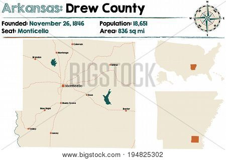 Large and detailed map of Drew County in Arkansas
