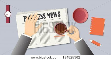 Businessman reading a newspaper and drinking coffee. Flat concept of business morning breaktime coffee time. Top view the workplace with newspaper wristwatch man hand holding a cup of coffee. EPS 10