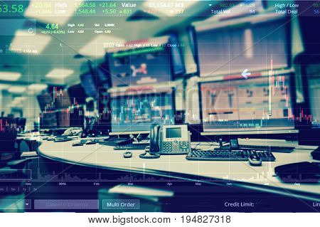 Double exposure of business stock trading room with computer and graph for Business Trading concept.