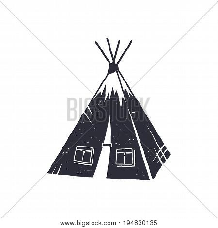 Hand drawn camp tent shape. Indian style tent. Monochrome design. Camping icon, pictogram. Stock vector isolated on white background.