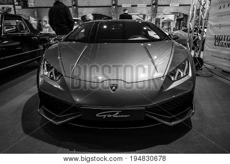 STUTTGART GERMANY - MARCH 17 2016: Sports car Lamborghini Aventador LP 750-4 Superveloce. Black and white. Europe's greatest classic car exhibition 