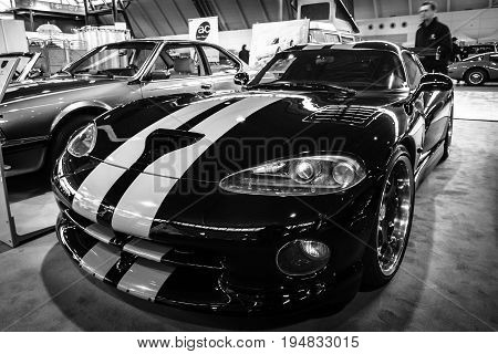 STUTTGART GERMANY - MARCH 17 2016: Sports car Dodge Viper GTS 1999. Black and white. Europe's greatest classic car exhibition 