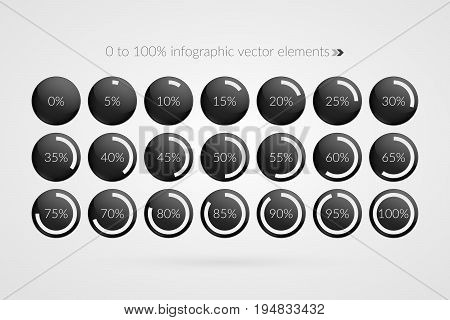 0 5 10 15 20 25 30 35 40 45 50 55 60 65 70 75 80 85 90 95 100 percent pie chart symbols. Percentage vector infographics. Circle diagrams isolated. Illustration for business marketing report web