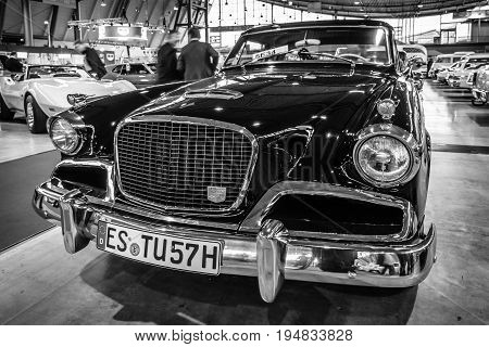 STUTTGART GERMANY - MARCH 17 2016: Vintage car Studebaker Silver Hawk 1957. Black and white. Europe's greatest classic car exhibition 