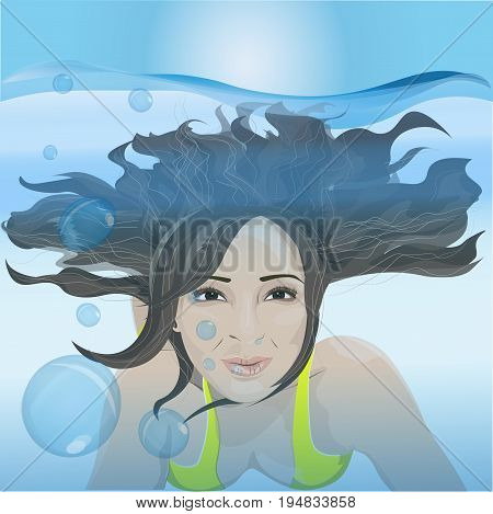 Vector image of girl s face floating under water