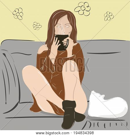 Vector image girl sitting on sofa and drinking coffee