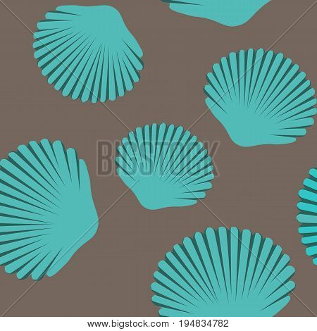 Seashell seamless pattern. Scallop vector, brown background