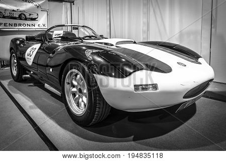 STUTTGART GERMANY - MARCH 17 2016: Racing car Ginetta G33 Limited 1991. Black and white. Europe's greatest classic car exhibition 