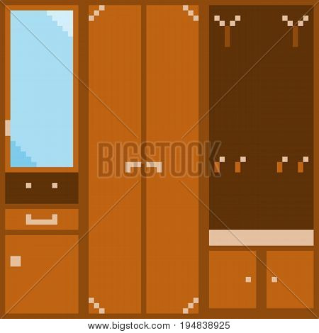 A set of orange modular furniture for the hallway in pixel style. Each module can be used for illustration separately