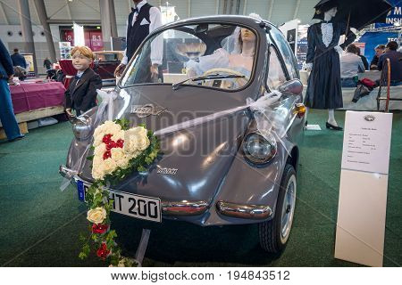 STUTTGART GERMAN - MARCH 18 2016: Vintage microcar Heinkel Trojan 200 1962. Europe's greatest classic car exhibition 