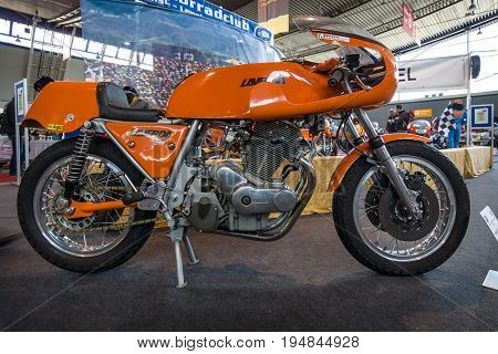 STUTTGART GERMANY - MARCH 18 2016: Sport motorcycle Laverda 750 SFC E 1975. Europe's greatest classic car exhibition 
