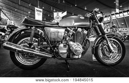 STUTTGART GERMANY - MARCH 18 2016: The serial model motorcycle Laverda 1000/1 1972. Black and white. Europe's greatest classic car exhibition 