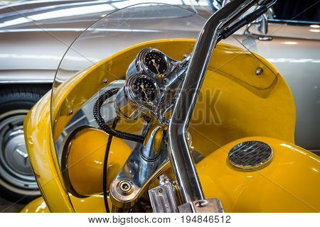 STUTTGART GERMANY - MARCH 18 2016: Speedometer and tachometer of motorbike Harley-Davidson PRO STREET Low luxury Liner (Kenny Boyce) 2000. Close-up. Europe's greatest classic car exhibition 