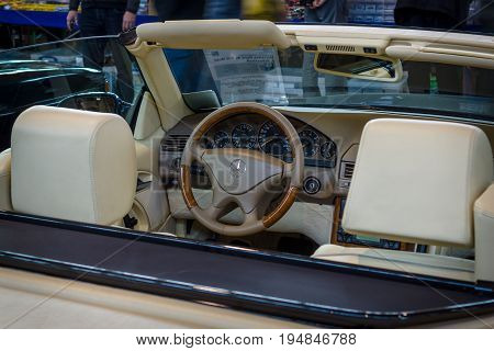 STUTTGART GERMANY - MARCH 18 2016: Cabin of grand tourer car Mercedes-Benz SL 500 (R129) 1999. Europe's greatest classic car exhibition 