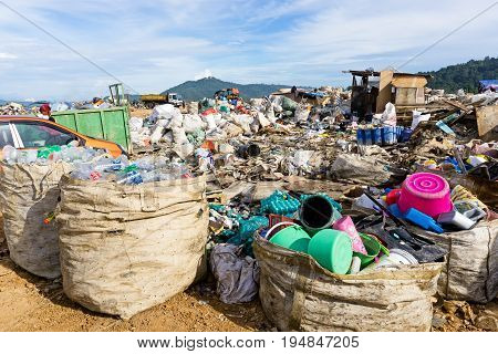 Kota Kinabalu, Malaysia - 09 July, 2017: Big Bags Contained Reusable And Recyclable Items And Materi
