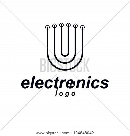 Vector circuit board with electronic components of technology device. Computer motherboard cybernetic abstraction microchip logo.