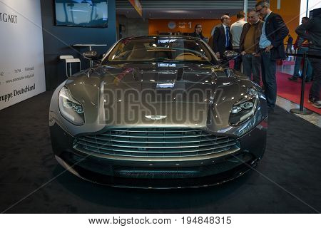 STUTTGART GERMANY - MARCH 18 2016: Grand tourer coupe Aston Martin DB10 2016. Europe's greatest classic car exhibition 