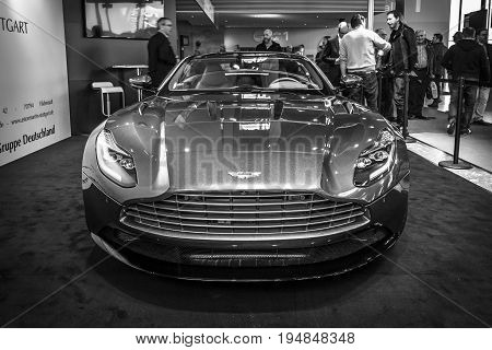 STUTTGART GERMANY - MARCH 18 2016: Grand tourer coupe Aston Martin DB10 2016. Black and white. Europe's greatest classic car exhibition 