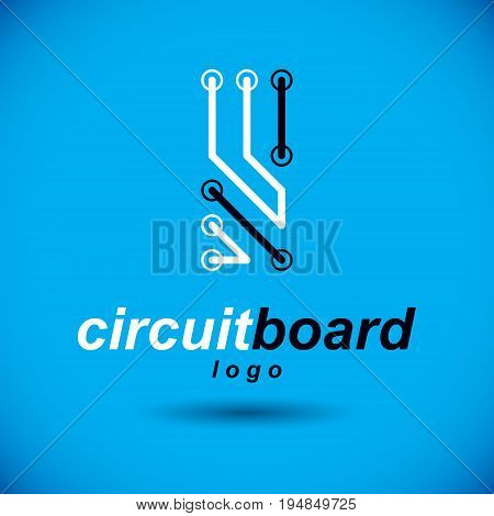 Technology communication cybernetic element. Vector abstract circuit board. Electronic microprocessor logo.