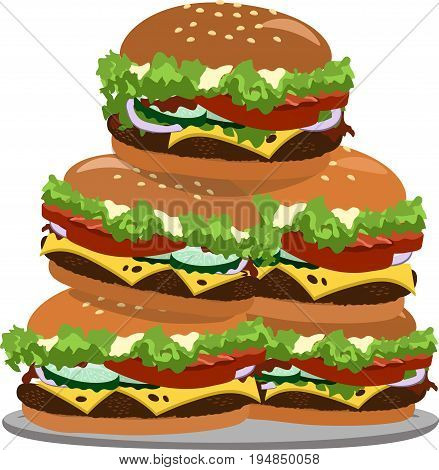 Vector illustration of many hamburgers with cheese, onions, salad lying on a plate