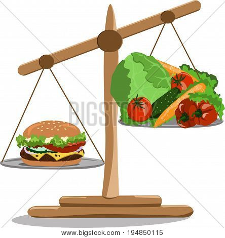 Vector illustration scales with a hamburger and vegetables. Diet and healthy food