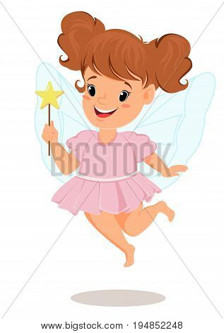 Fairy girl in pink dress with magic wand. Cute little child cartoon character - stock vector