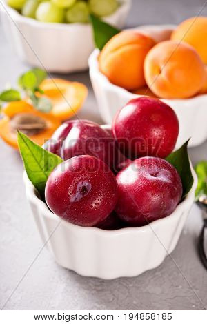 Various fresh tasty fruits in white bowls with plums, apricots and grapes