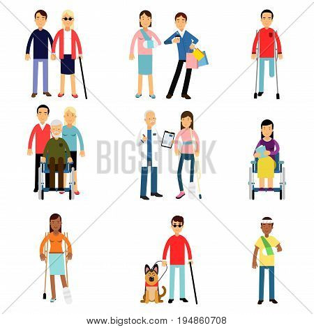 Disabled men and women characters getting medical treatment, health care assistance and accessibility vector Illustrations isolated on white background