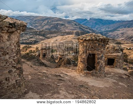 Funerary towers in Ninamarka archeologic zone in Cusco Peru