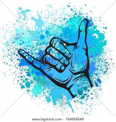 Shaka hand sign against a background of colorful splash