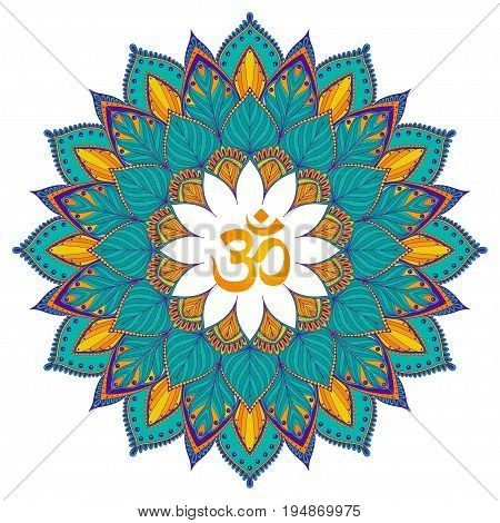 Mandala. Isolated Ethnic round ornament with om symbol. Vector art