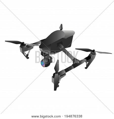 Realistic remote air drone quad-copter with camera. Vector illustration on abstract background.
