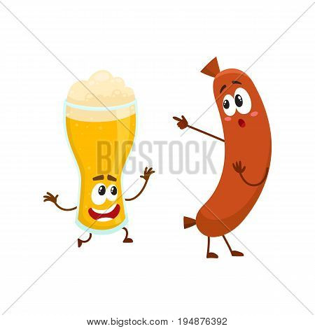 Funny beer glass and frankfurter sausage characters having fun together, cartoon vector illustration isolated on white background. Funny smiling beer glass character and sausage poiting to it