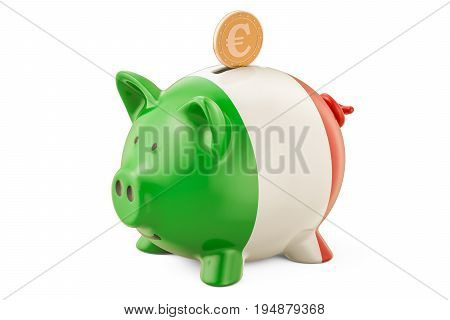 Investments in Italy. Piggy bank with flag and golden euro coin business concept. 3D rendering