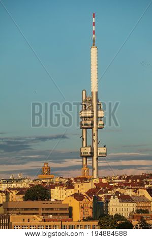 Zizkov TV tower . View from the Powder Tower on the Prague landscape on a sunny day with the famous Zizkov TV tower on the horizon. Czech Republic Prague