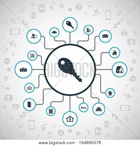 Vector Illustration Set Of Simple Property Icons. Elements Online Property, Residence, Key And Other Synonyms Sofa, Hostel And Database.