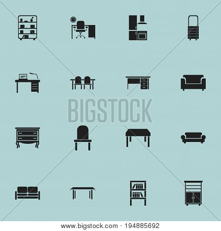 Set Of 16 Editable Interior Icons. Includes Symbols Such As Trestle, Locker, Bookshelf And More. Can Be Used For Web, Mobile, UI And Infographic Design.