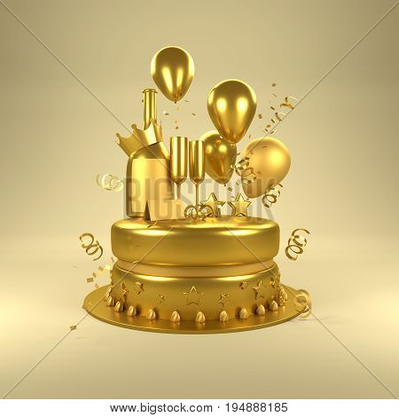 Gold Birthday Surprise. Birthday celebrations with gold balloons gold glasses and champagne bottle and a cake. 3D illustration.