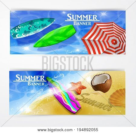 colorful umbrella floating surfing boards and water top view banner set vector illustration