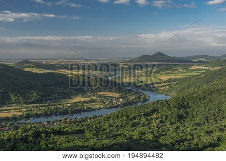 Sunrise on Skalky view over Labe river in north Bohemia