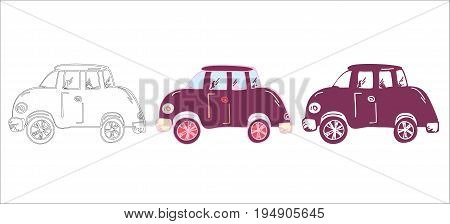 Set of hand drawn car, outline car, doodle car, reto and silhouette cartoon car