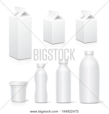 Milk and juice white carton package boxes collection Realistic dairy products pack mock up vector.