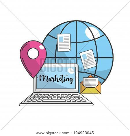 coputer with global connection and ubication vector illustration