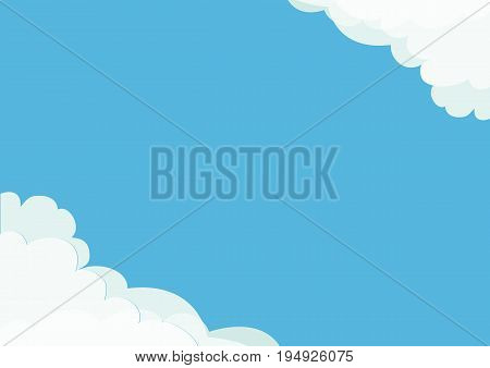 White cloud in corners frame template. Fluffy cloudshape. Cloudy weather. Flat design. Blue sky background. Isolated Vector illustration