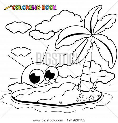 Deserted island and cute cartoon sun. Coloring book page