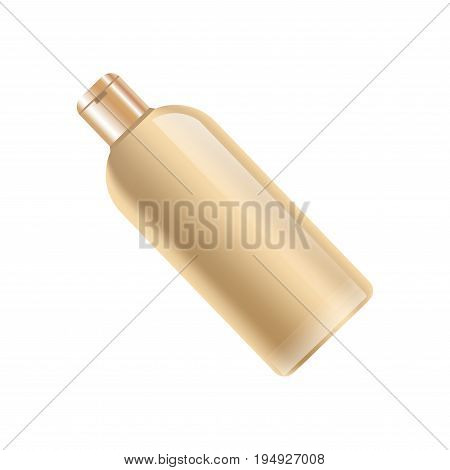 Shampoo bottle in beige color without label isolated on white vector colroful illustration in realistic design. Closeup poster of plastic container for keeping cosmetic mean for hair cleaning