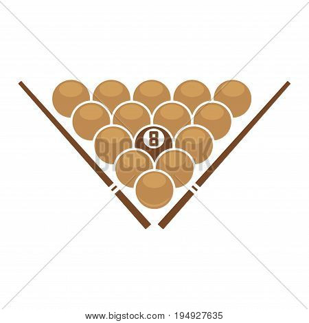 Vector illustration of eight ball in triangle with cues on sides.