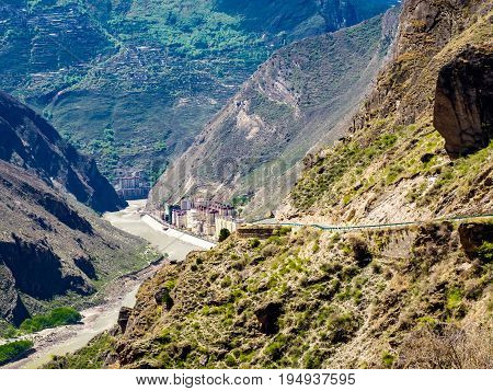 Aerial view of building at the mountain along the river in Danba Province Sichuan China