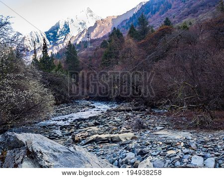 View of snow mountain and small stream in Siguniang National Park Sichuan China