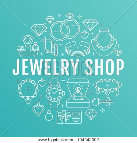 Jewelry shop, diamond accessories banner illustration. Vector line icon of jewels - gold engagement rings, gem earrings, silver necklaces, charms bracelets, brilliants. Fashion store circle template.